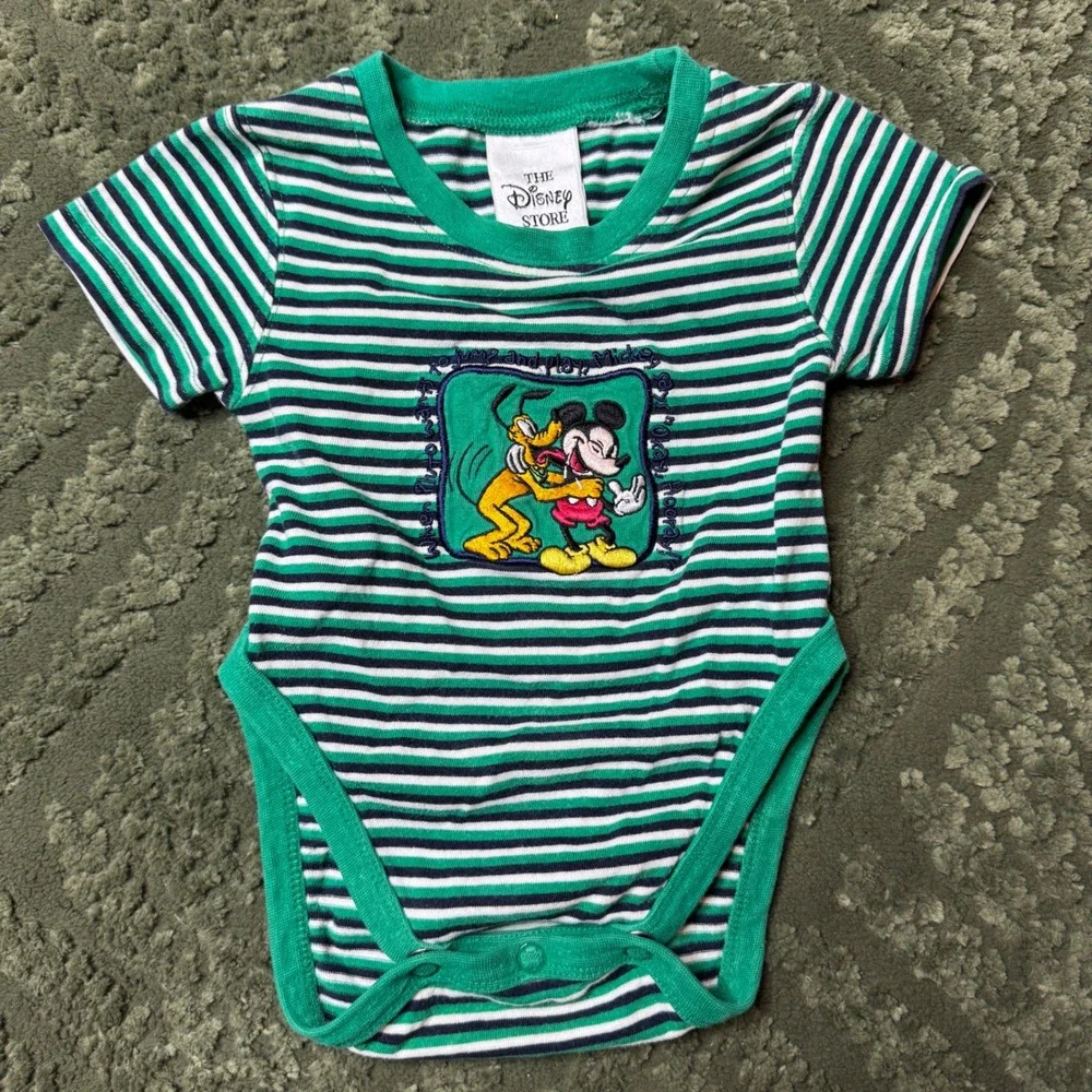 Vintage Disney Store Mickey Mouse Pluto Striped Baby Bodysuit Green Navy White